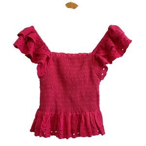 House of Harlow Magenta Eyelet Smocked Flutter Sleeve Top